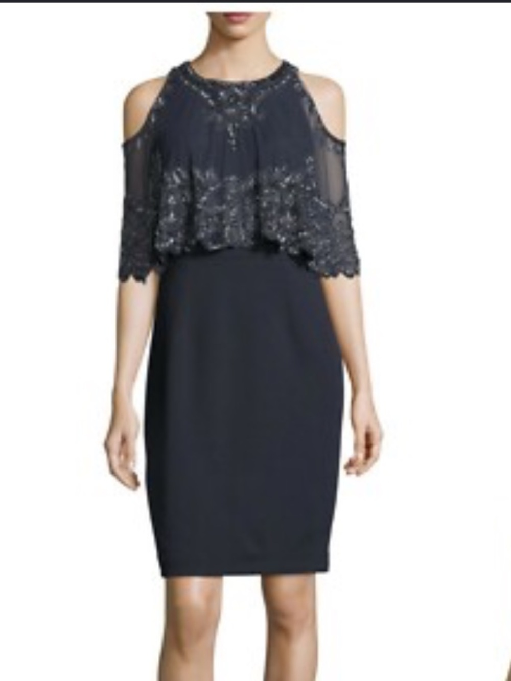 Aiden Mattox Twilight Beaded Capelet Formal Wedding Guest Sheath Dress - Navy 4